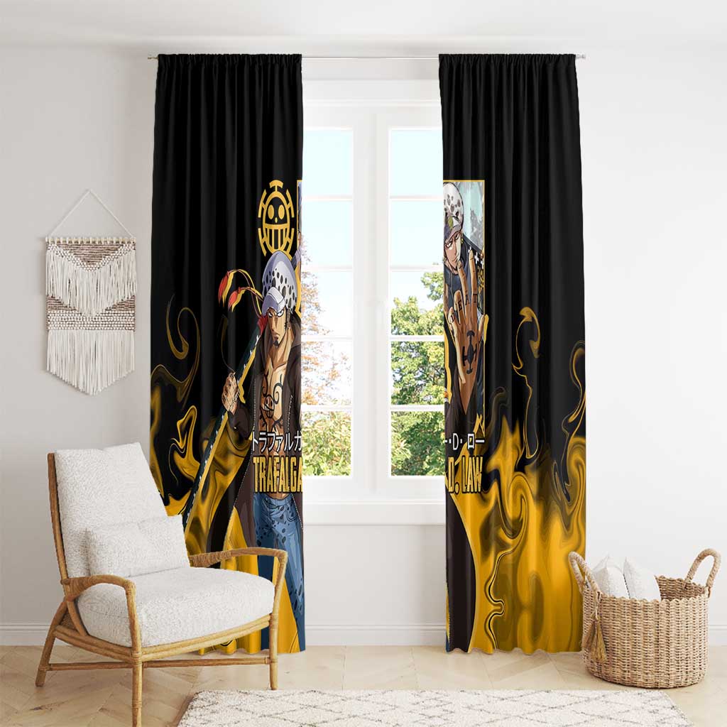 Trafalgar D. Law One Piece Black and Yellow Theme Window Curtain with Heart Pirates Symbol and Flame Pattern Design - The Mazicc