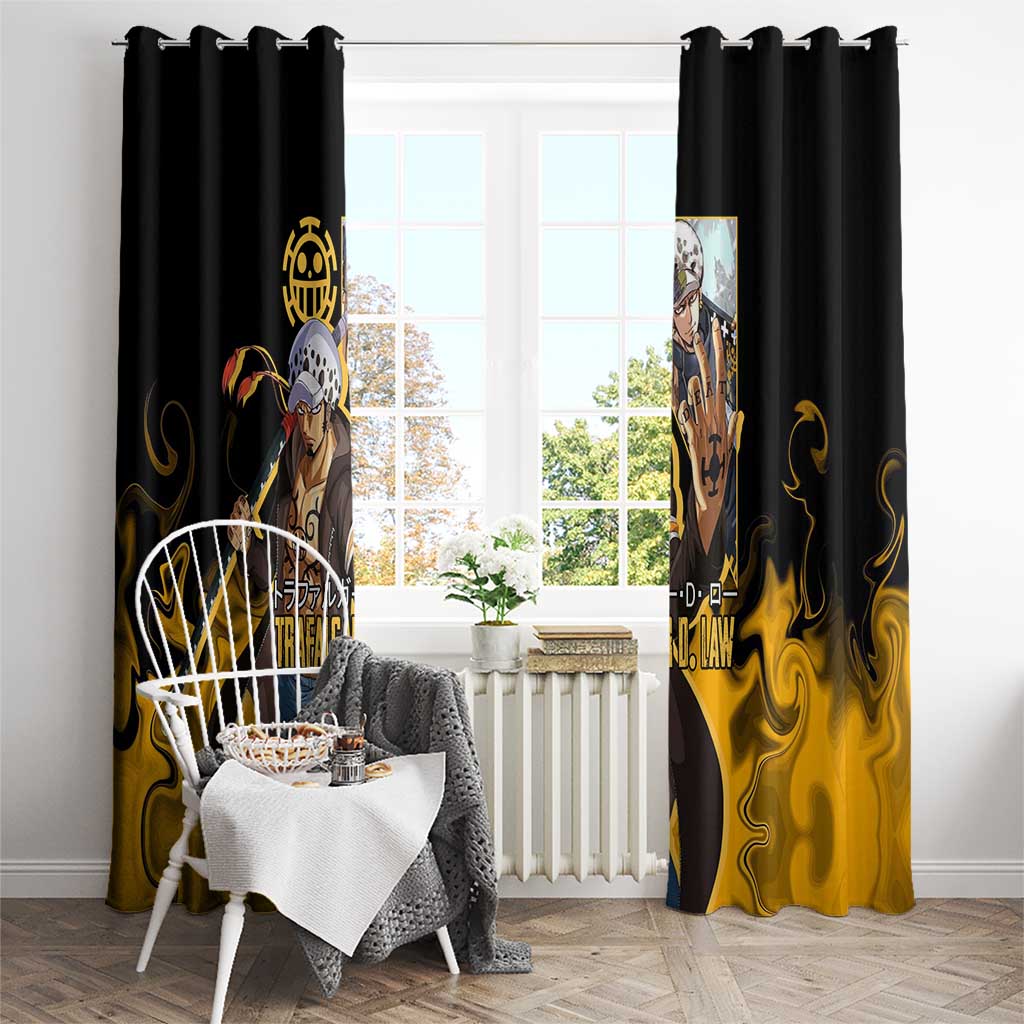 Trafalgar D. Law One Piece Black and Yellow Theme Window Curtain with Heart Pirates Symbol and Flame Pattern Design - The Mazicc