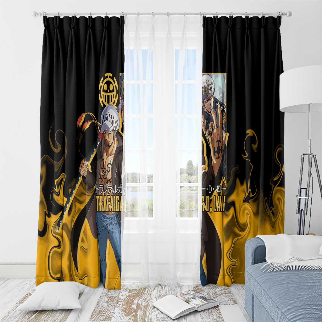 Trafalgar D. Law One Piece Black and Yellow Theme Window Curtain with Heart Pirates Symbol and Flame Pattern Design - The Mazicc
