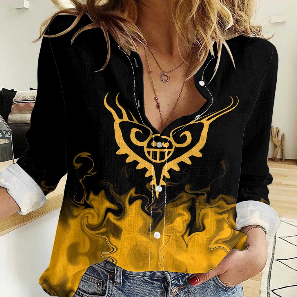 Trafalgar D. Law One Piece Black and Yellow Theme Women Casual Shirt with Heart Pirates Symbol and Flame Pattern Design - The Mazicc