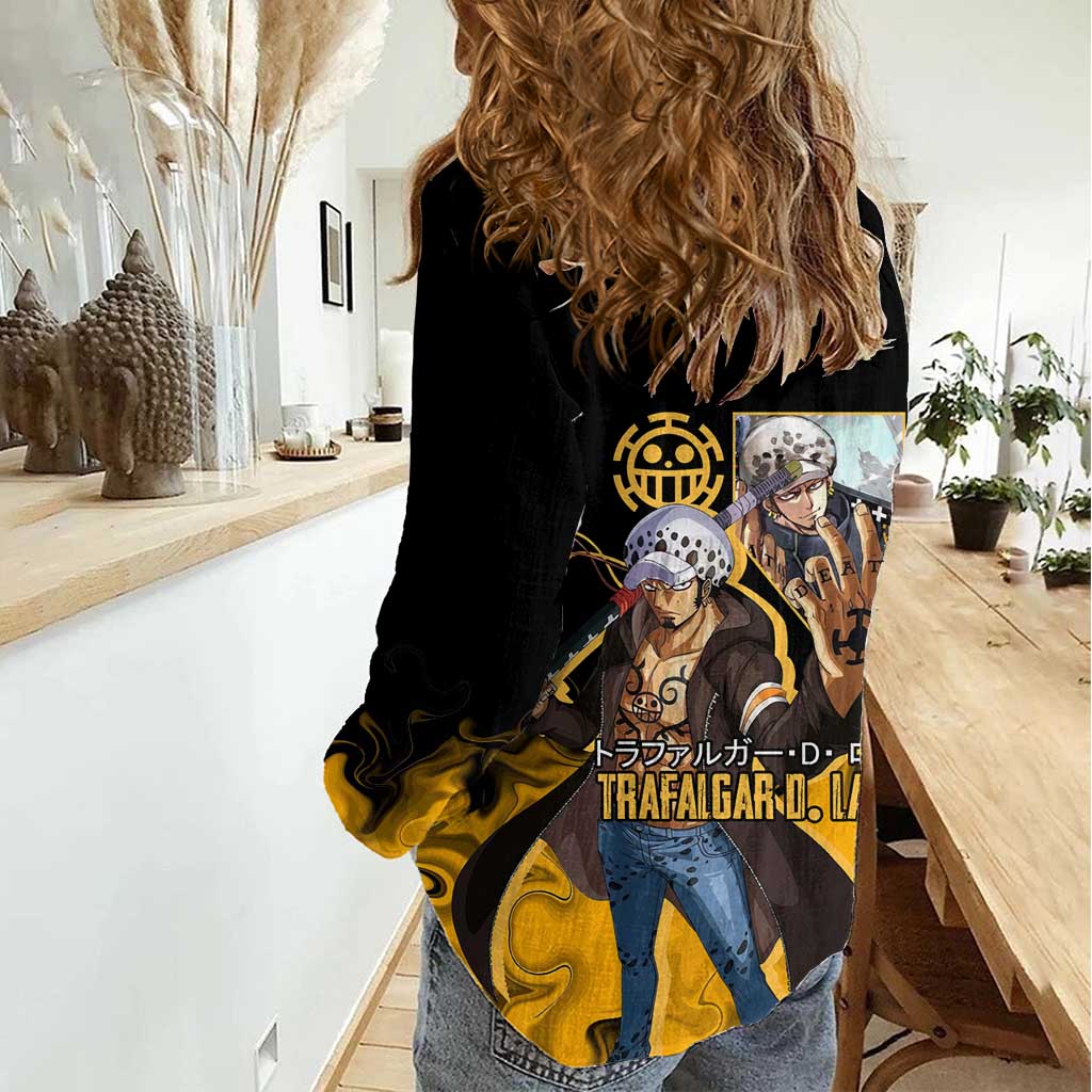 Trafalgar D. Law One Piece Black and Yellow Theme Women Casual Shirt with Heart Pirates Symbol and Flame Pattern Design - The Mazicc