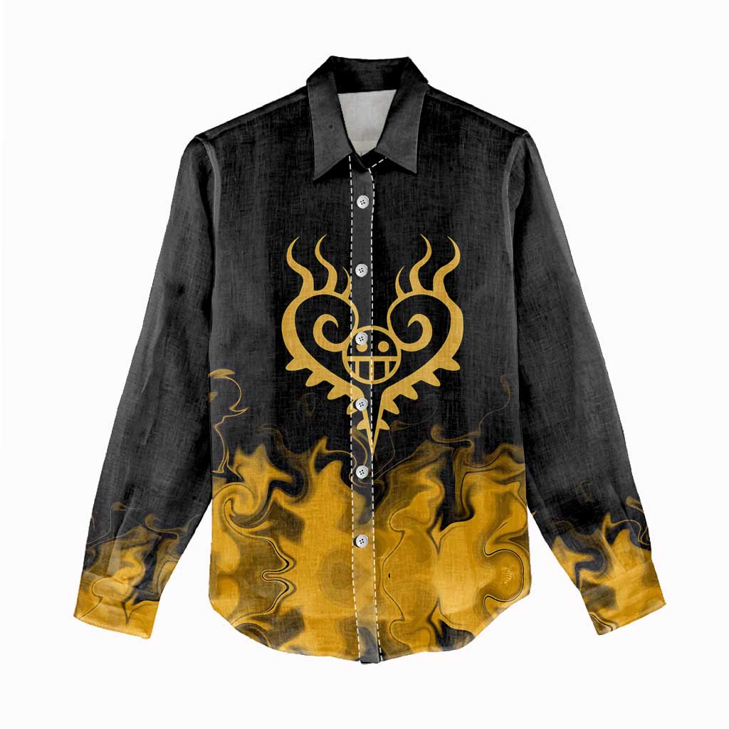 Trafalgar D. Law One Piece Black and Yellow Theme Women Casual Shirt with Heart Pirates Symbol and Flame Pattern Design - The Mazicc