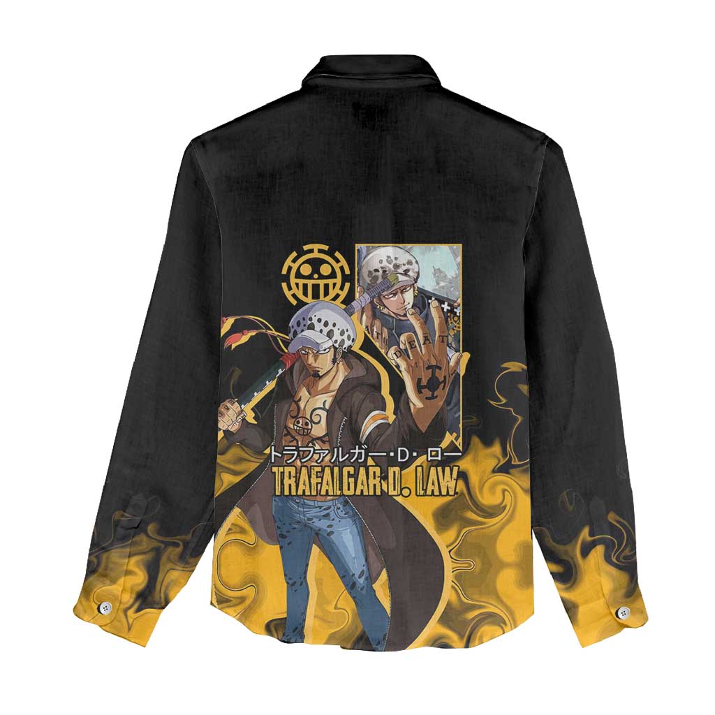 Trafalgar D. Law One Piece Black and Yellow Theme Women Casual Shirt with Heart Pirates Symbol and Flame Pattern Design - The Mazicc