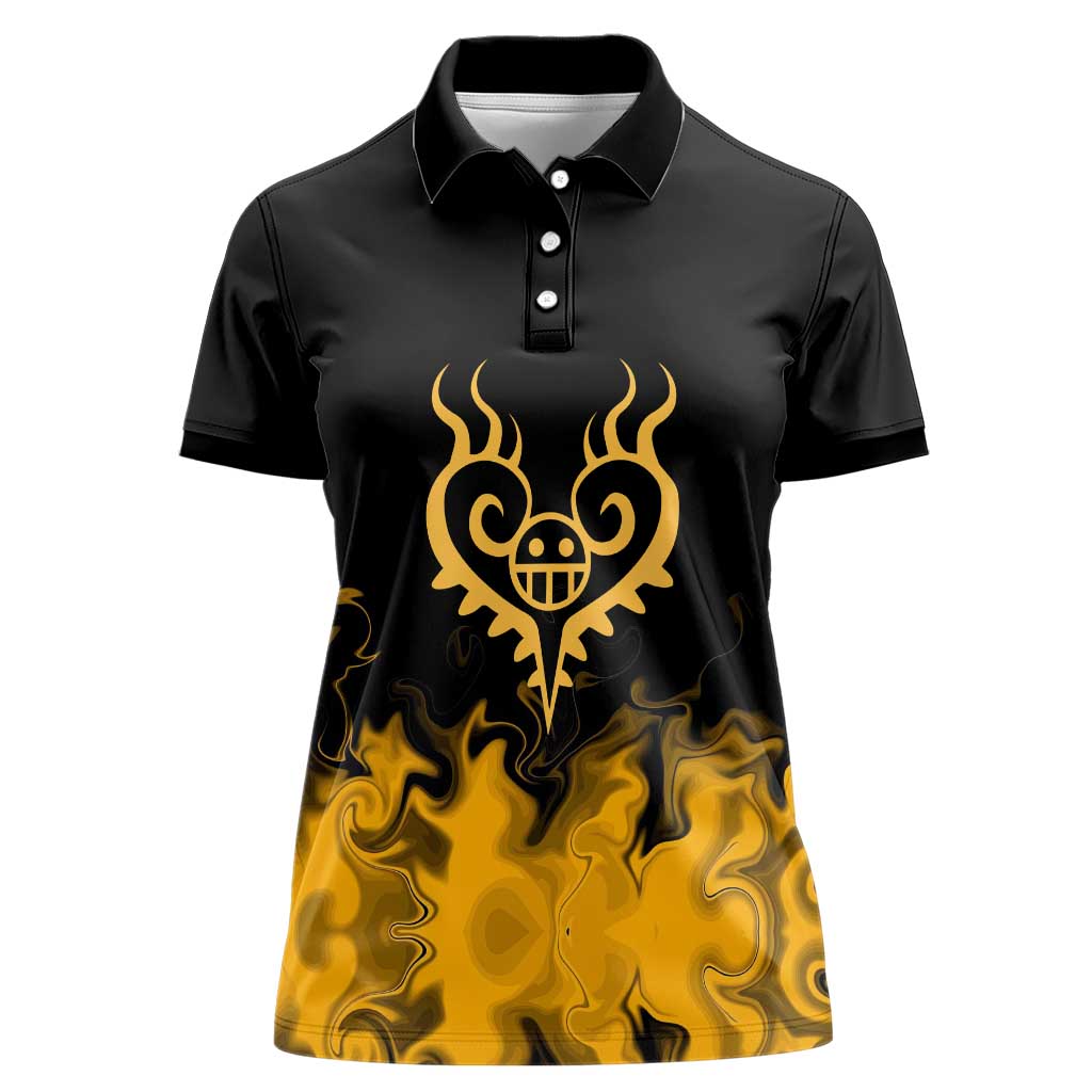 Trafalgar D. Law One Piece Black and Yellow Theme Women Polo Shirt with Heart Pirates Symbol and Flame Pattern Design - The Mazicc