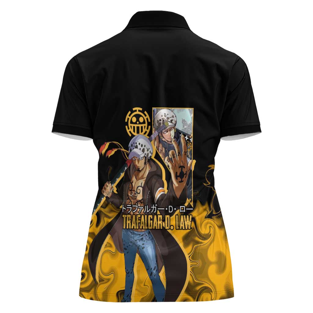 Trafalgar D. Law One Piece Black and Yellow Theme Women Polo Shirt with Heart Pirates Symbol and Flame Pattern Design - The Mazicc