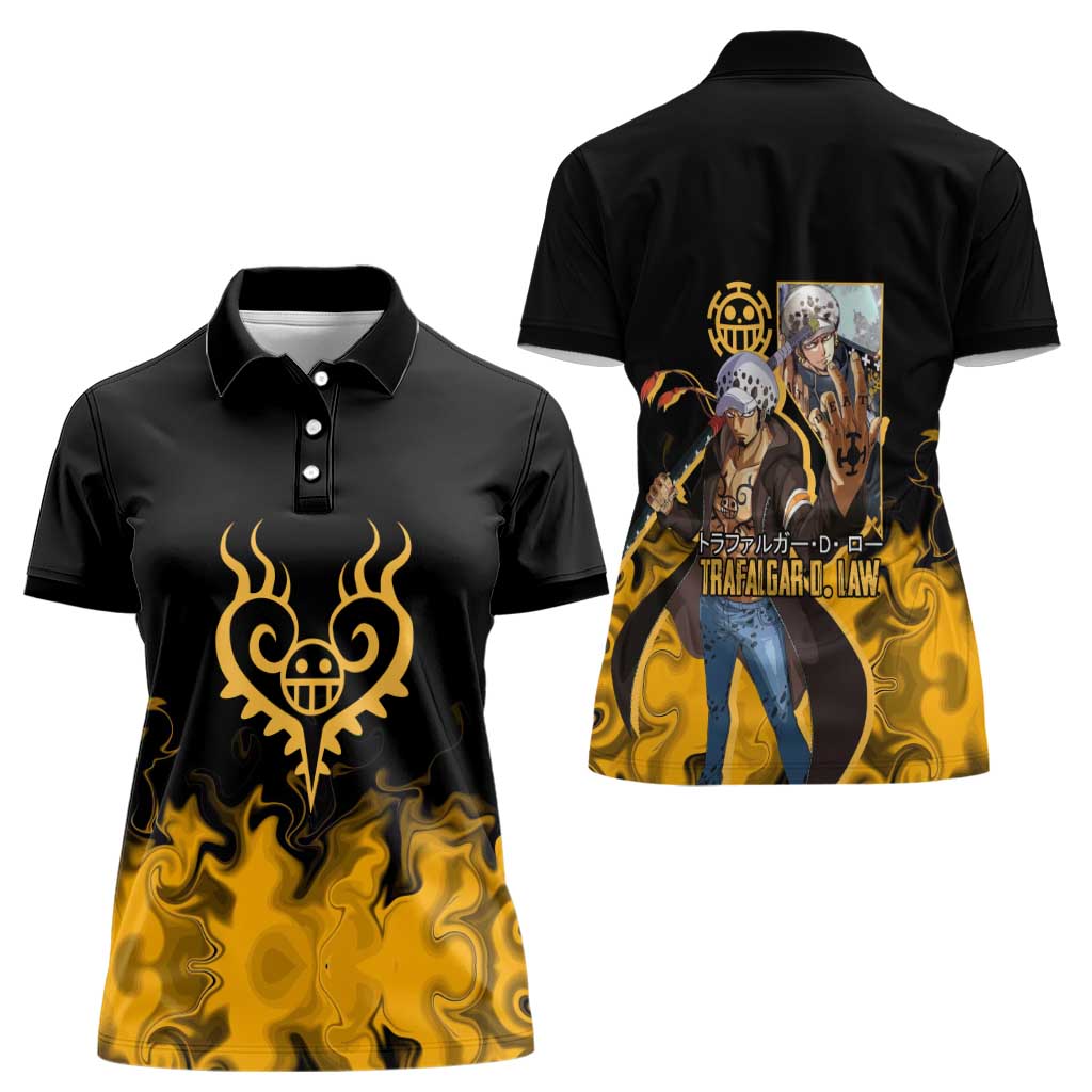 Trafalgar D. Law One Piece Black and Yellow Theme Women Polo Shirt with Heart Pirates Symbol and Flame Pattern Design - The Mazicc