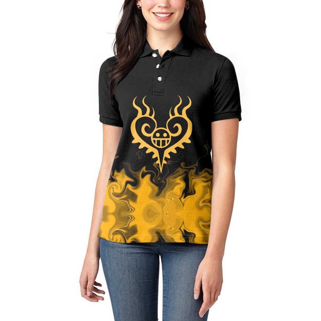 Trafalgar D. Law One Piece Black and Yellow Theme Women Polo Shirt with Heart Pirates Symbol and Flame Pattern Design - The Mazicc