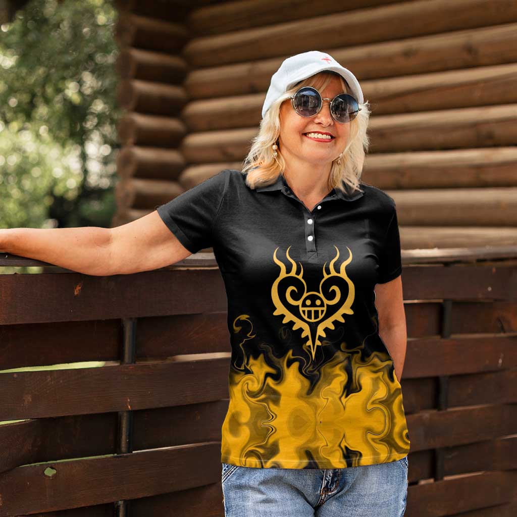 Trafalgar D. Law One Piece Black and Yellow Theme Women Polo Shirt with Heart Pirates Symbol and Flame Pattern Design - The Mazicc
