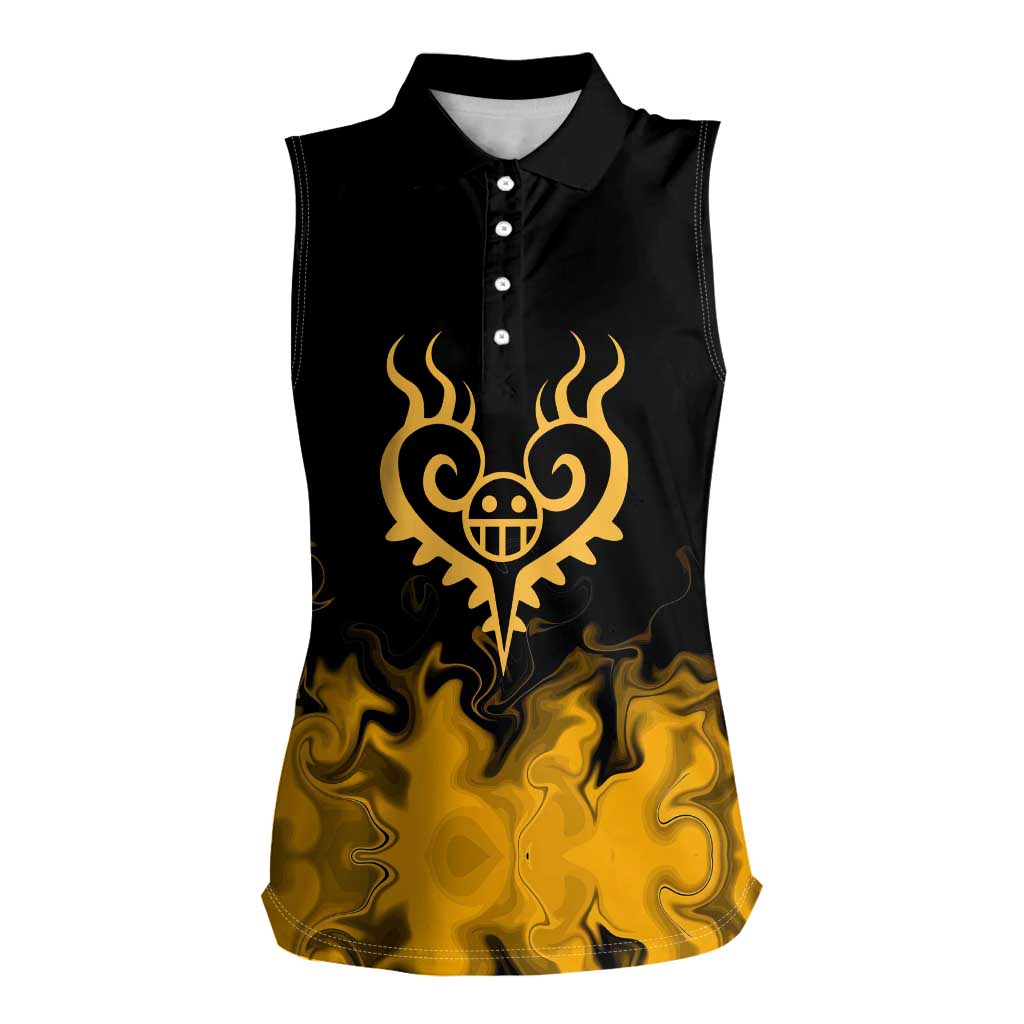 Trafalgar D. Law One Piece Black and Yellow Theme Women Sleeveless Polo Shirt with Heart Pirates Symbol and Flame Pattern Design - The Mazicc