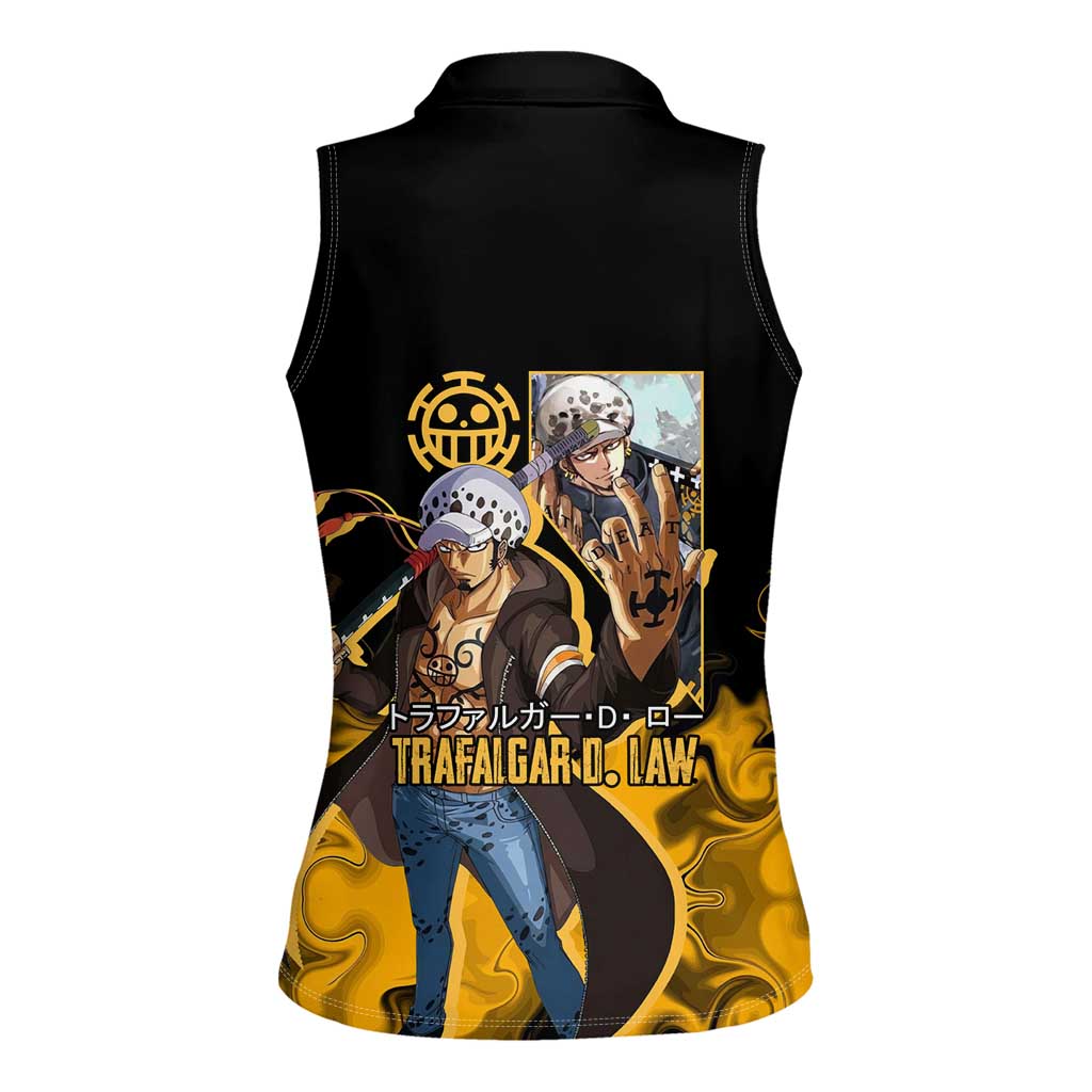 Trafalgar D. Law One Piece Black and Yellow Theme Women Sleeveless Polo Shirt with Heart Pirates Symbol and Flame Pattern Design - The Mazicc