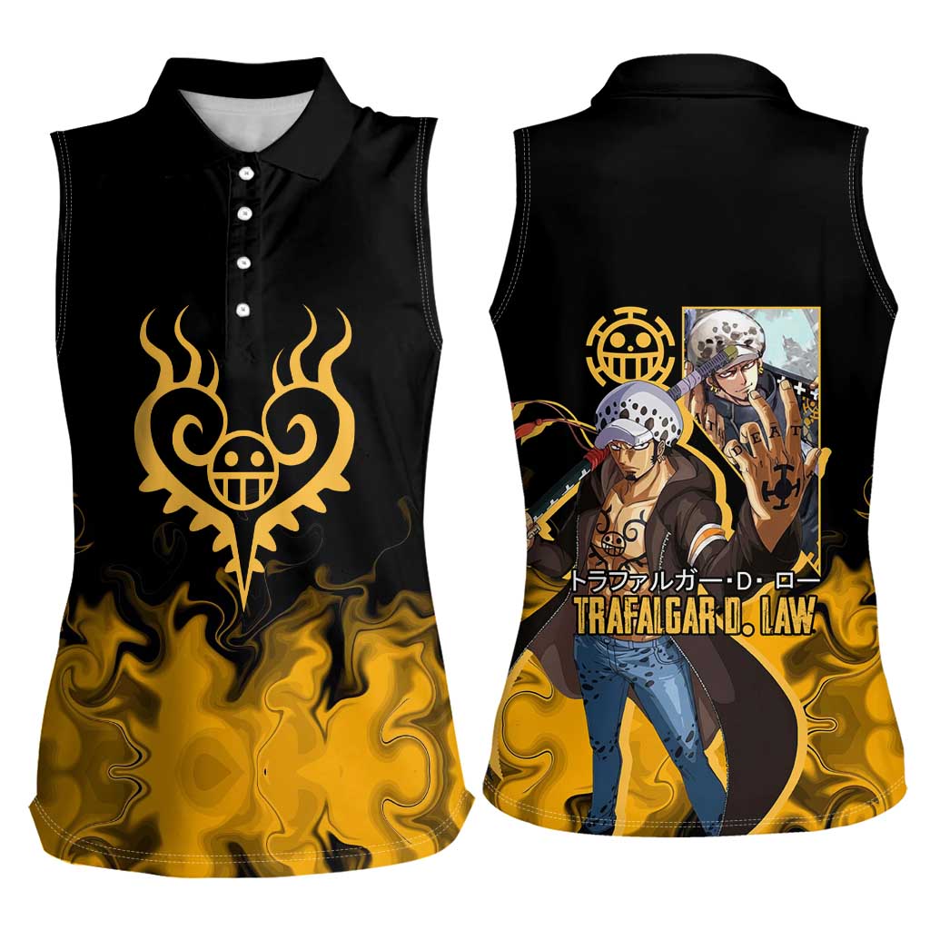 Trafalgar D. Law One Piece Black and Yellow Theme Women Sleeveless Polo Shirt with Heart Pirates Symbol and Flame Pattern Design - The Mazicc