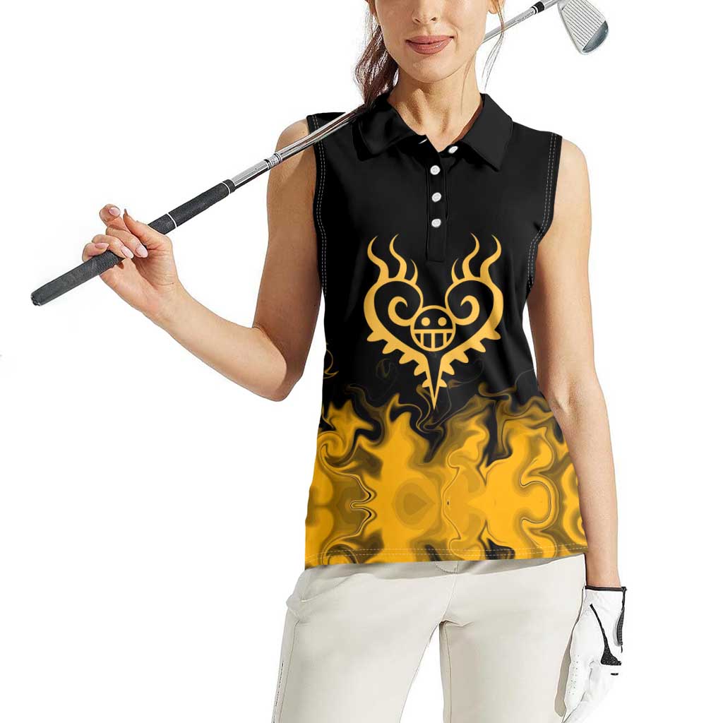 Trafalgar D. Law One Piece Black and Yellow Theme Women Sleeveless Polo Shirt with Heart Pirates Symbol and Flame Pattern Design - The Mazicc