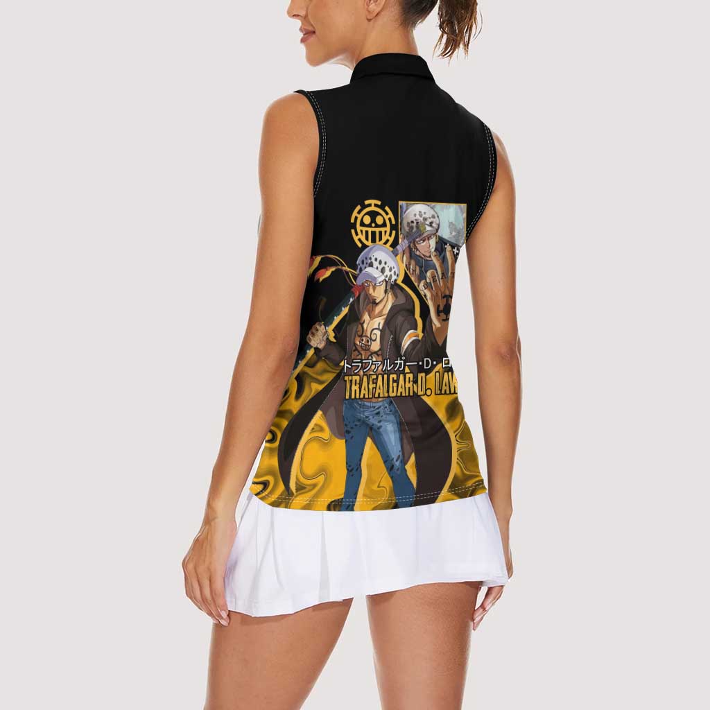 Trafalgar D. Law One Piece Black and Yellow Theme Women Sleeveless Polo Shirt with Heart Pirates Symbol and Flame Pattern Design - The Mazicc