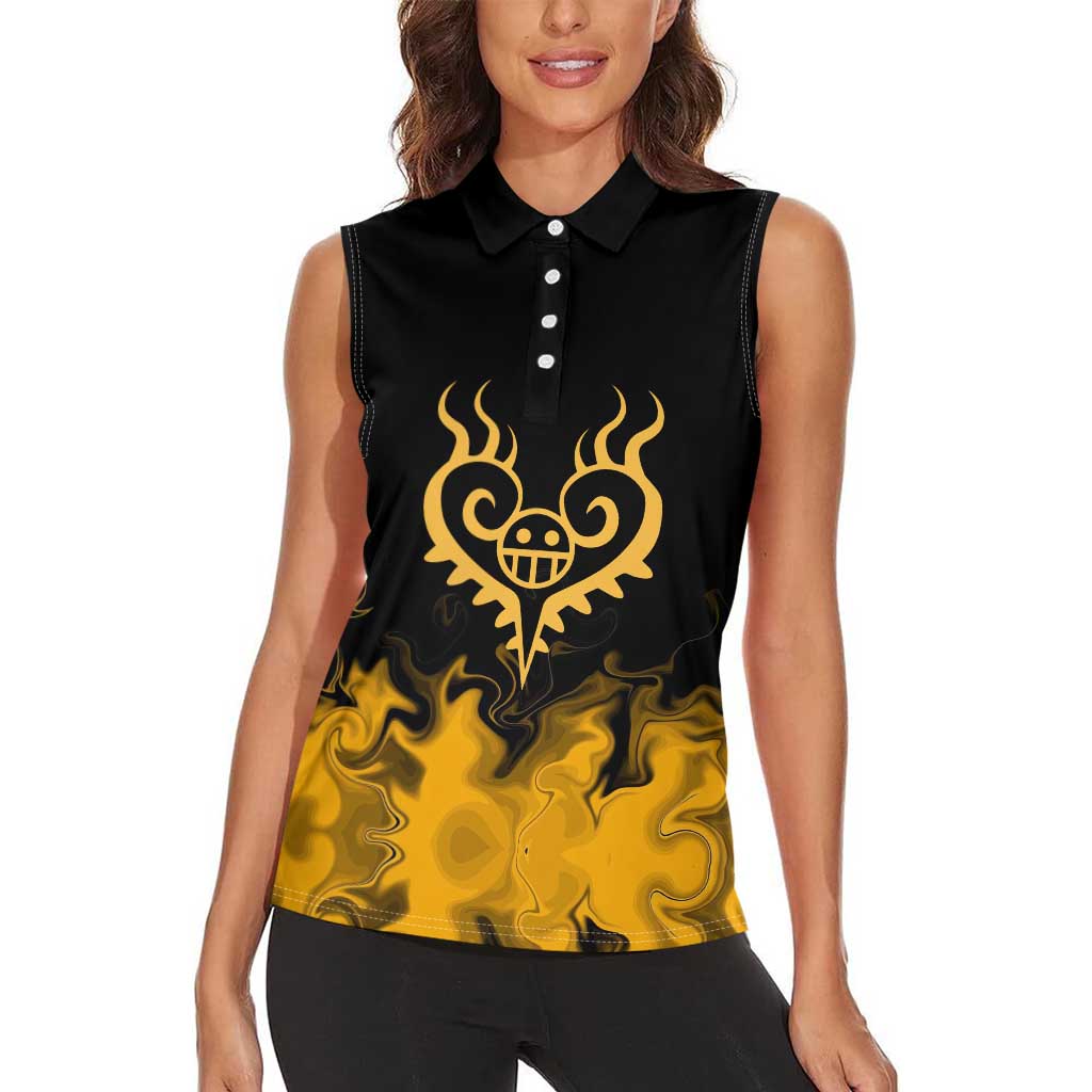 Trafalgar D. Law One Piece Black and Yellow Theme Women Sleeveless Polo Shirt with Heart Pirates Symbol and Flame Pattern Design - The Mazicc