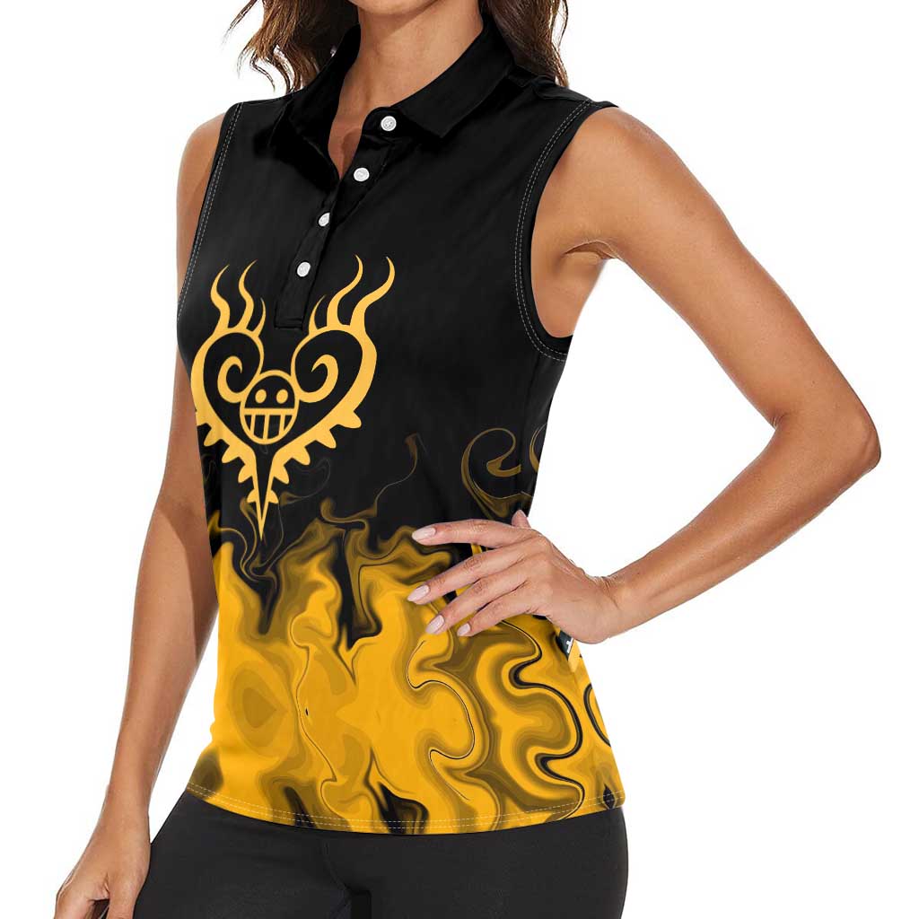 Trafalgar D. Law One Piece Black and Yellow Theme Women Sleeveless Polo Shirt with Heart Pirates Symbol and Flame Pattern Design - The Mazicc