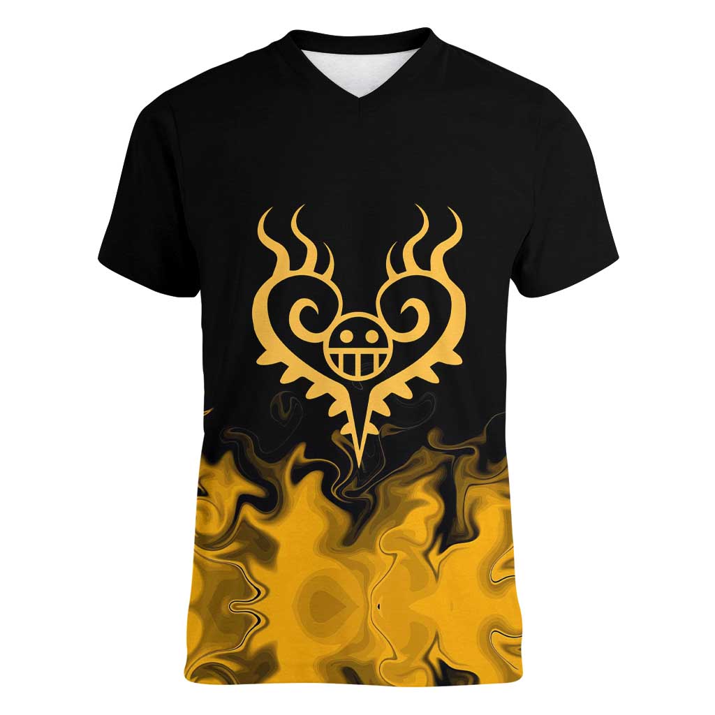 Trafalgar D. Law One Piece Black and Yellow Theme Women V-Neck T-Shirt with Heart Pirates Symbol and Flame Pattern Design - The Mazicc