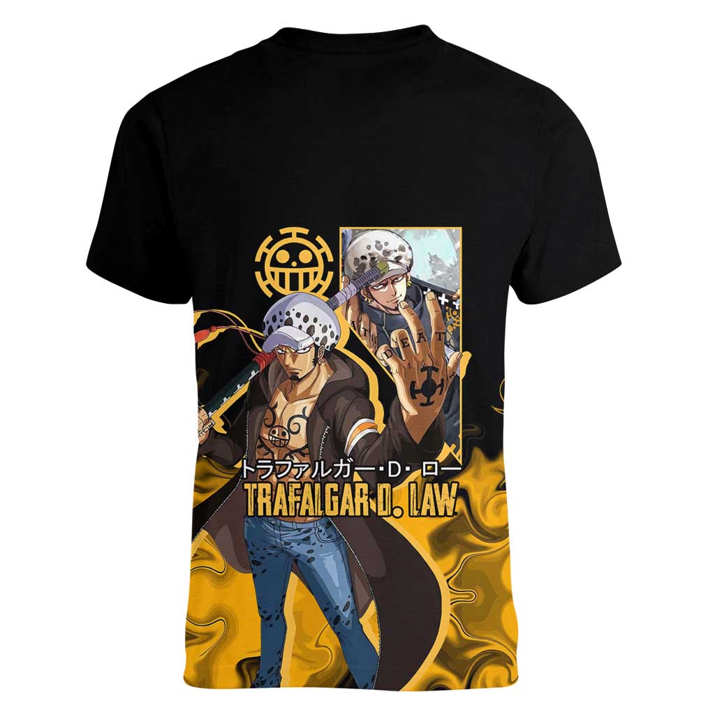 Trafalgar D. Law One Piece Black and Yellow Theme Women V-Neck T-Shirt with Heart Pirates Symbol and Flame Pattern Design - The Mazicc