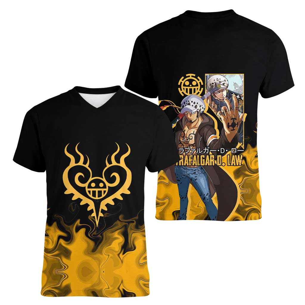 Trafalgar D. Law One Piece Black and Yellow Theme Women V-Neck T-Shirt with Heart Pirates Symbol and Flame Pattern Design - The Mazicc