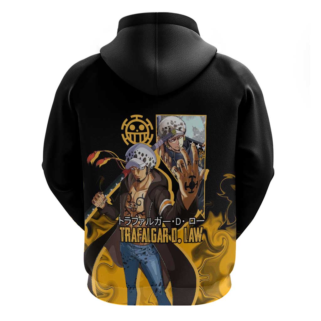 Trafalgar D. Law One Piece Black and Yellow Theme Zip Hoodie with Heart Pirates Symbol and Flame Pattern Design - The Mazicc