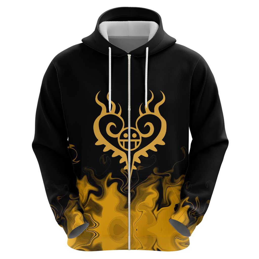Trafalgar D. Law One Piece Black and Yellow Theme Zip Hoodie with Heart Pirates Symbol and Flame Pattern Design - The Mazicc