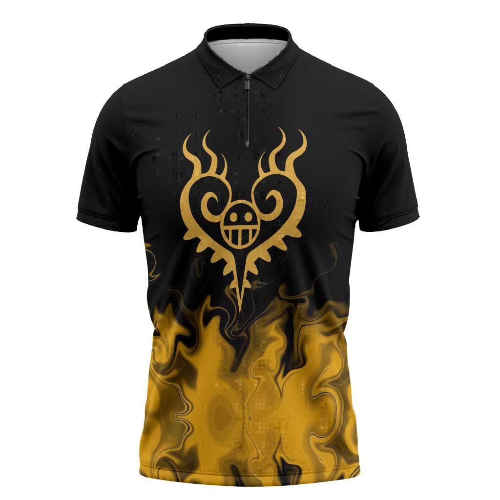 Trafalgar D. Law One Piece Black and Yellow Theme Zipper Polo Shirt with Heart Pirates Symbol and Flame Pattern Design - The Mazicc