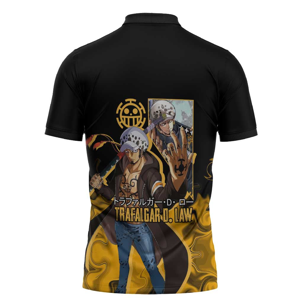 Trafalgar D. Law One Piece Black and Yellow Theme Zipper Polo Shirt with Heart Pirates Symbol and Flame Pattern Design - The Mazicc