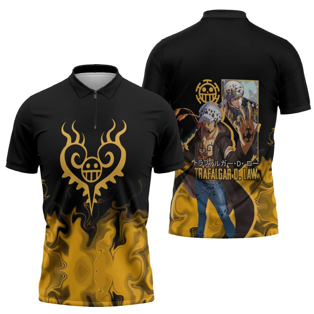 Trafalgar D. Law One Piece Black and Yellow Theme Zipper Polo Shirt with Heart Pirates Symbol and Flame Pattern Design - The Mazicc