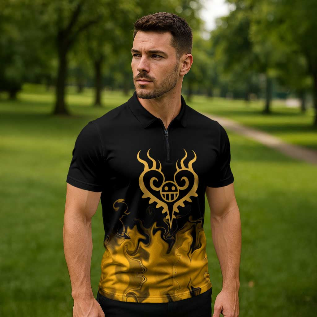 Trafalgar D. Law One Piece Black and Yellow Theme Zipper Polo Shirt with Heart Pirates Symbol and Flame Pattern Design - The Mazicc