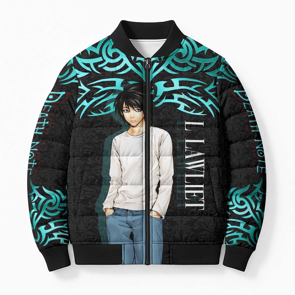 L Lawliet Death Note Bomber Puffer Jacket Tribal Anime Fusion Style