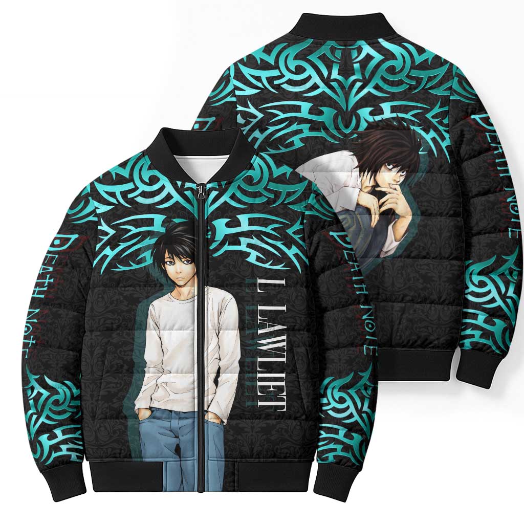 L Lawliet Death Note Bomber Puffer Jacket Tribal Anime Fusion Style