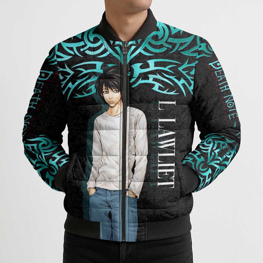 L Lawliet Death Note Bomber Puffer Jacket Tribal Anime Fusion Style