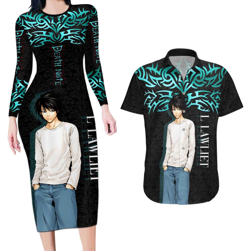 L Lawliet Death Note Couples Matching Long Sleeve Bodycon Dress and Hawaiian Shirt Tribal Anime Fusion Style
