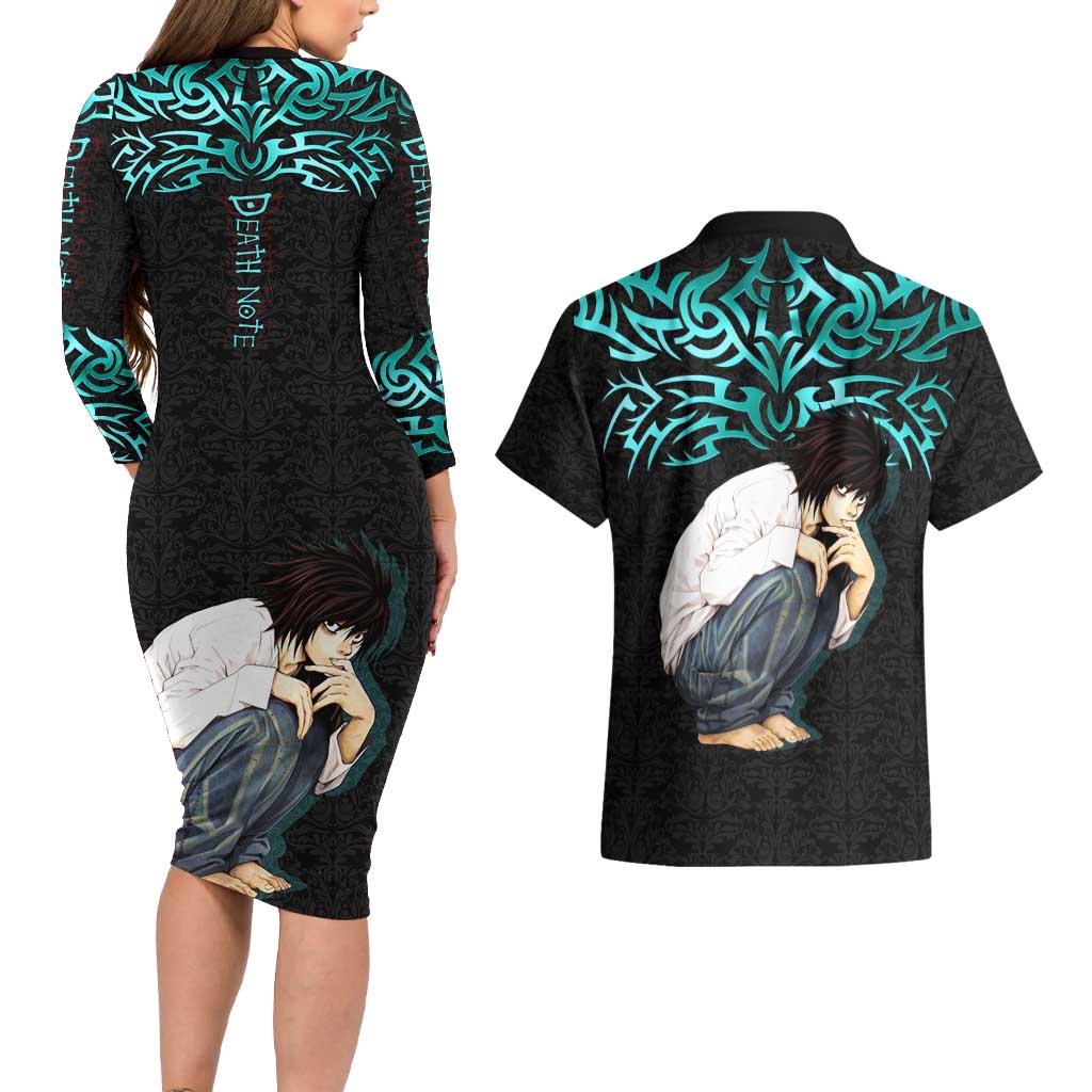 L Lawliet Death Note Couples Matching Long Sleeve Bodycon Dress and Hawaiian Shirt Tribal Anime Fusion Style