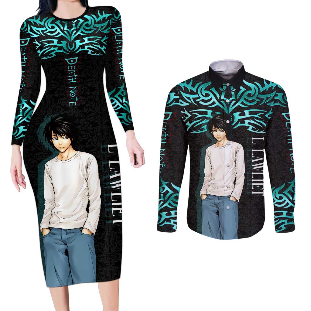 L Lawliet Death Note Couples Matching Long Sleeve Bodycon Dress and Long Sleeve Button Shirt Tribal Anime Fusion Style