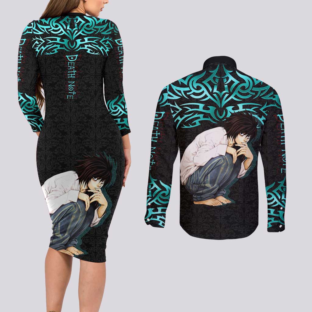L Lawliet Death Note Couples Matching Long Sleeve Bodycon Dress and Long Sleeve Button Shirt Tribal Anime Fusion Style