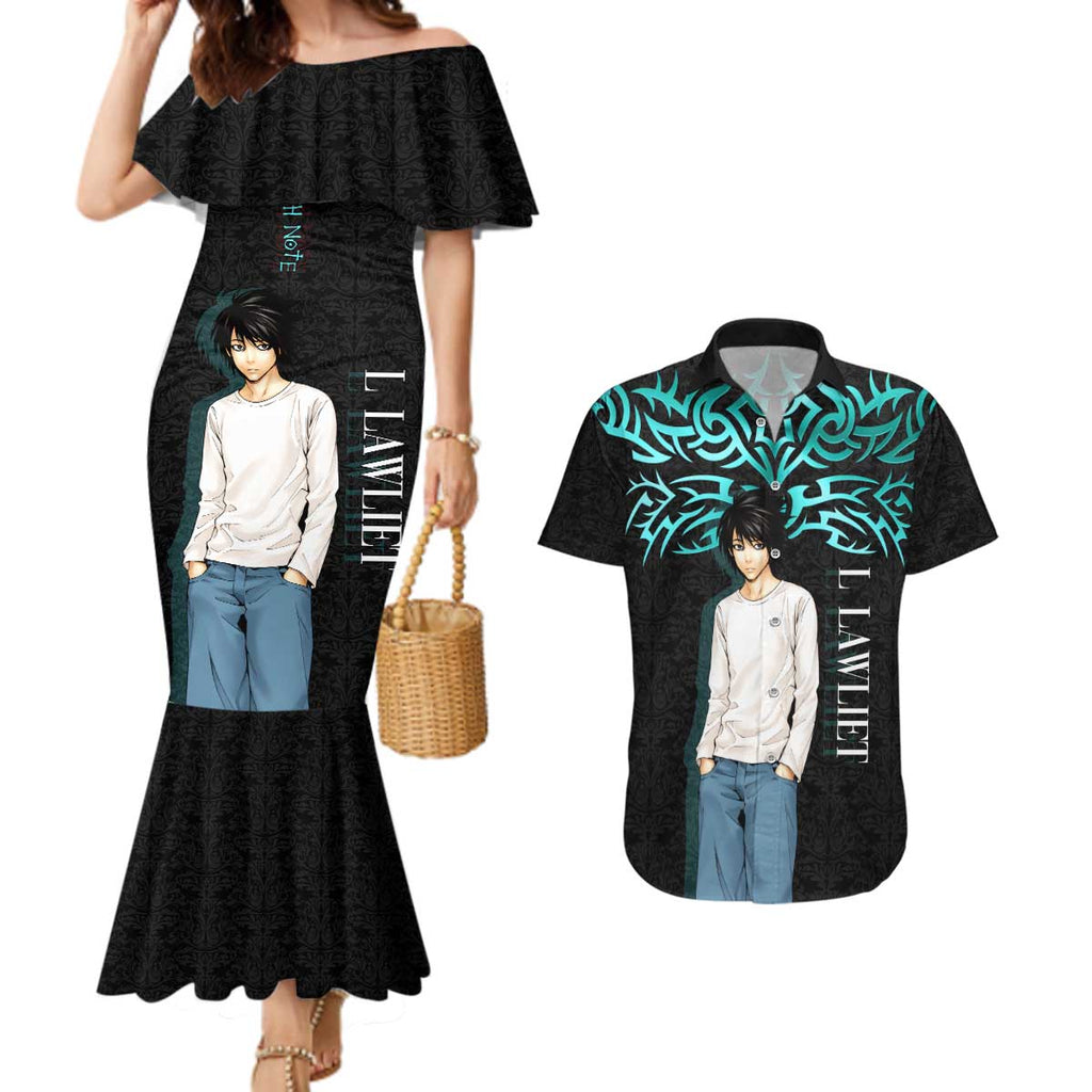 L Lawliet Death Note Couples Matching Mermaid Dress and Hawaiian Shirt Tribal Anime Fusion Style