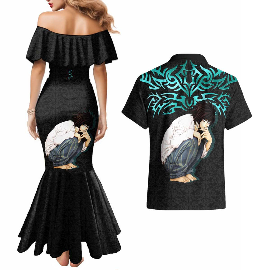 L Lawliet Death Note Couples Matching Mermaid Dress and Hawaiian Shirt Tribal Anime Fusion Style