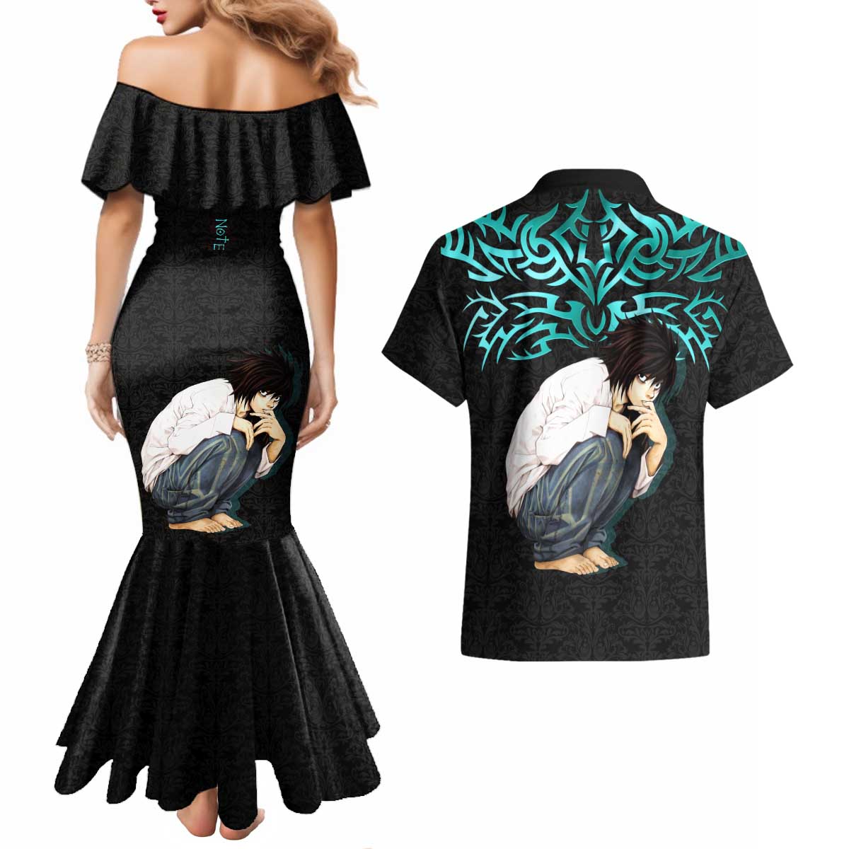 L Lawliet Death Note Couples Matching Mermaid Dress and Hawaiian Shirt Tribal Anime Fusion Style