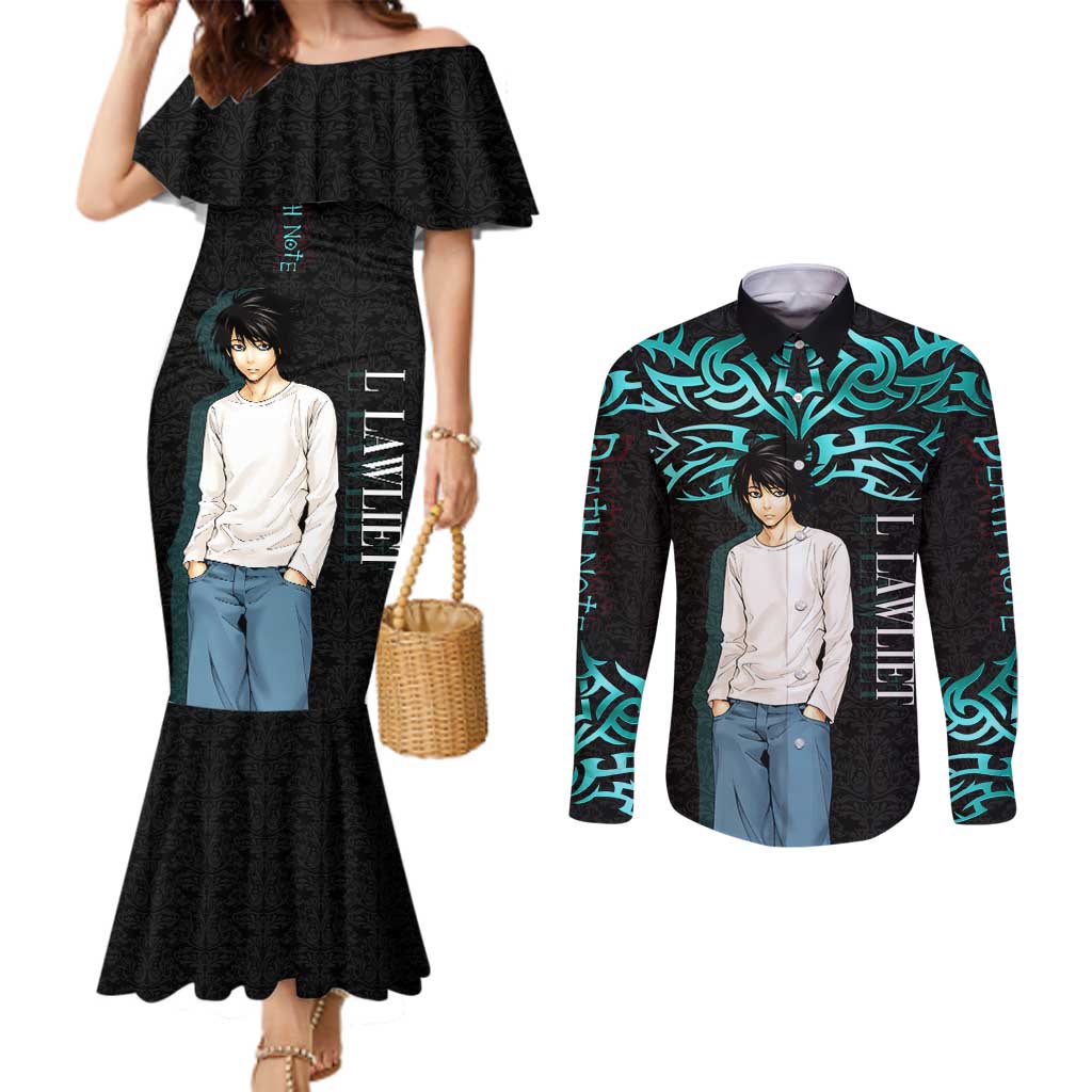 L Lawliet Death Note Couples Matching Mermaid Dress and Long Sleeve Button Shirt Tribal Anime Fusion Style