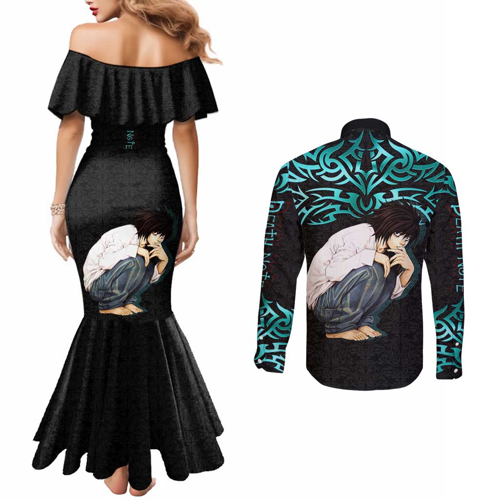 L Lawliet Death Note Couples Matching Mermaid Dress and Long Sleeve Button Shirt Tribal Anime Fusion Style