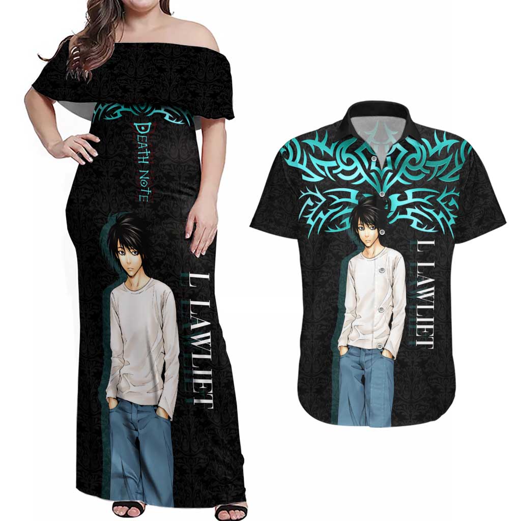 L Lawliet Death Note Couples Matching Off Shoulder Maxi Dress and Hawaiian Shirt Tribal Anime Fusion Style