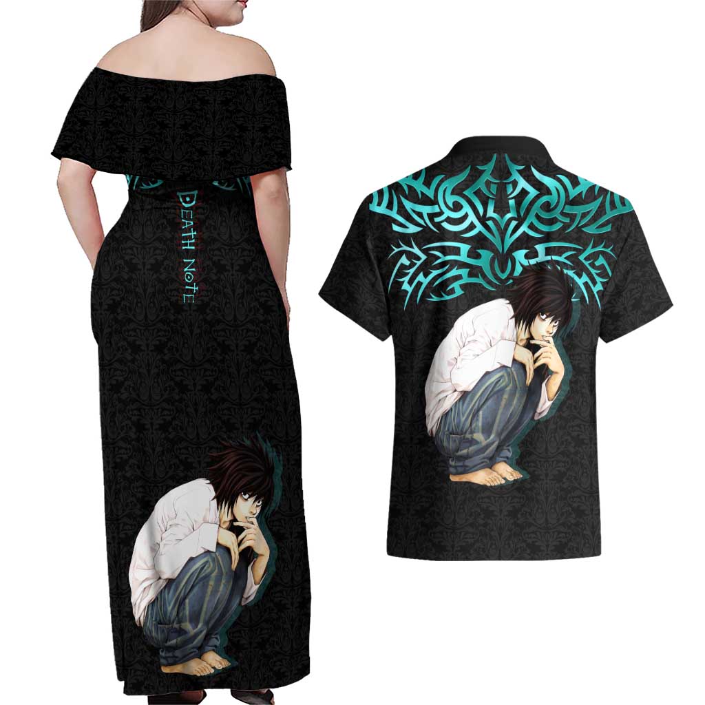 L Lawliet Death Note Couples Matching Off Shoulder Maxi Dress and Hawaiian Shirt Tribal Anime Fusion Style