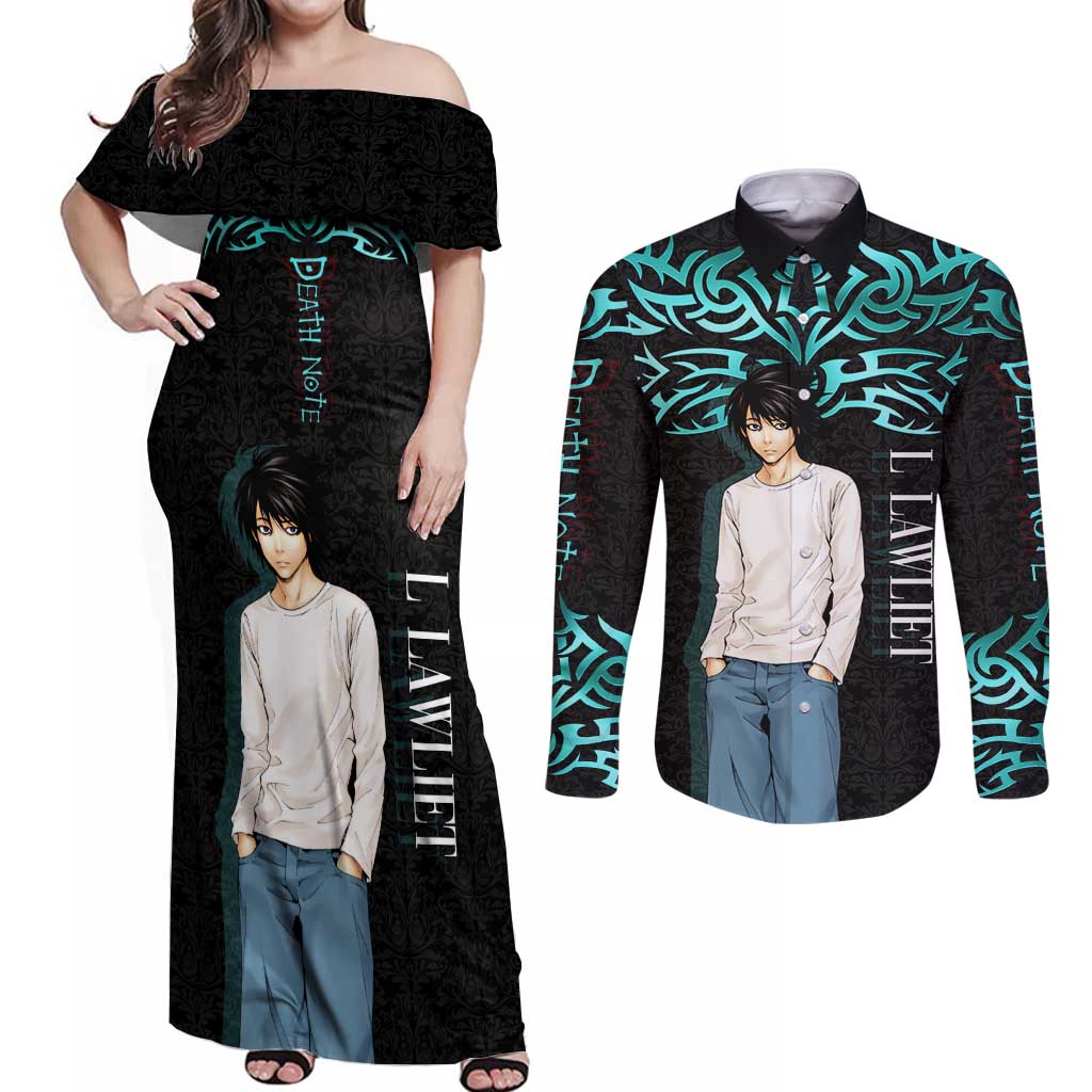 L Lawliet Death Note Couples Matching Off Shoulder Maxi Dress and Long Sleeve Button Shirt Tribal Anime Fusion Style