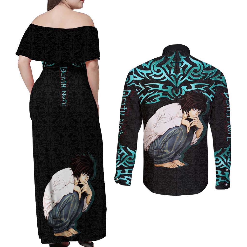 L Lawliet Death Note Couples Matching Off Shoulder Maxi Dress and Long Sleeve Button Shirt Tribal Anime Fusion Style