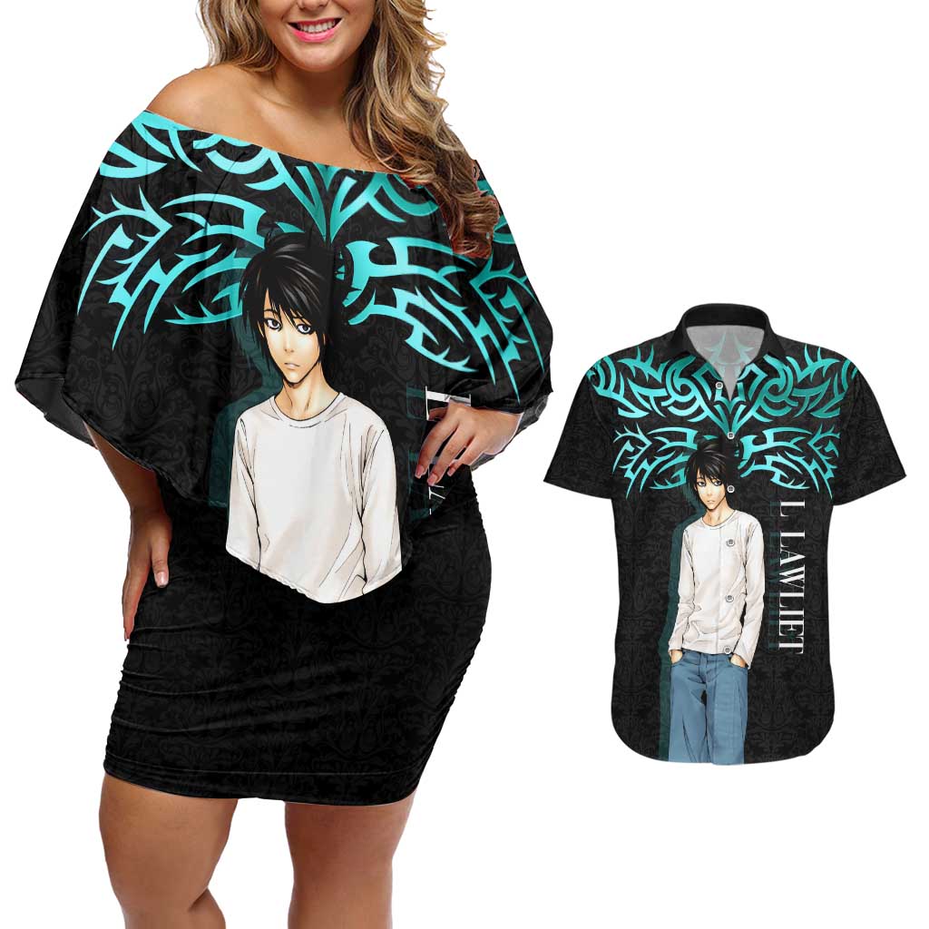 L Lawliet Death Note Couples Matching Off Shoulder Short Dress and Hawaiian Shirt Tribal Anime Fusion Style