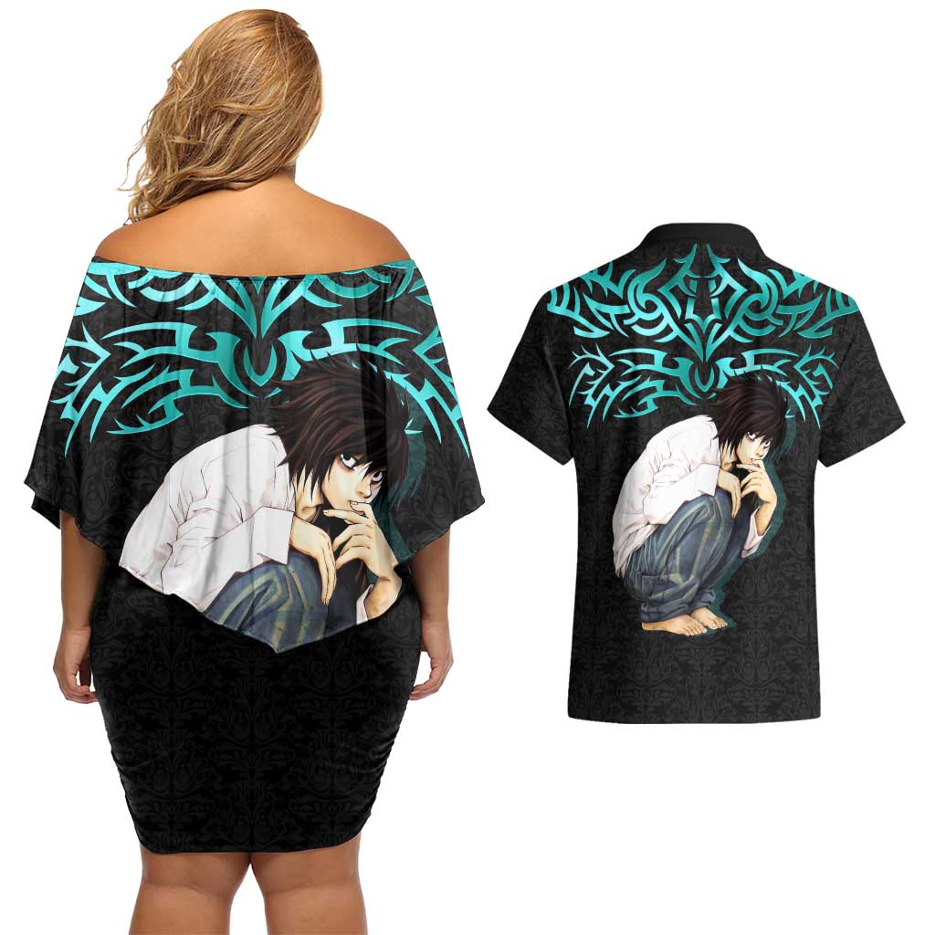 L Lawliet Death Note Couples Matching Off Shoulder Short Dress and Hawaiian Shirt Tribal Anime Fusion Style