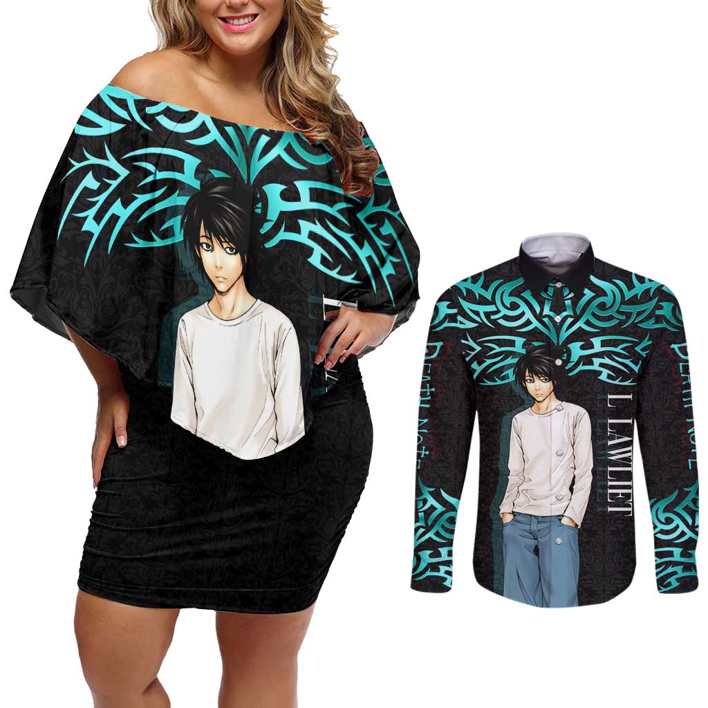 L Lawliet Death Note Couples Matching Off Shoulder Short Dress and Long Sleeve Button Shirt Tribal Anime Fusion Style