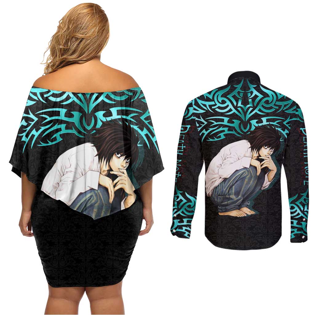 L Lawliet Death Note Couples Matching Off Shoulder Short Dress and Long Sleeve Button Shirt Tribal Anime Fusion Style