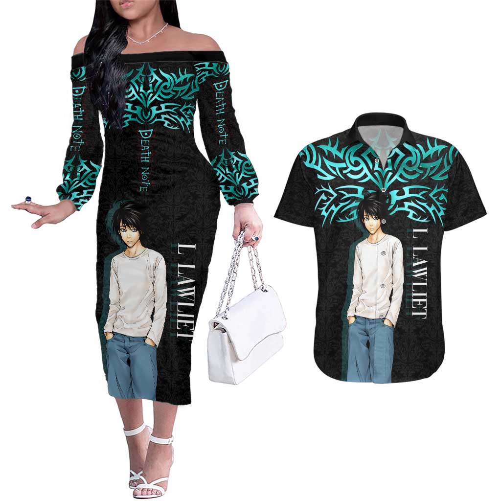 L Lawliet Death Note Couples Matching Off The Shoulder Long Sleeve Dress and Hawaiian Shirt Tribal Anime Fusion Style