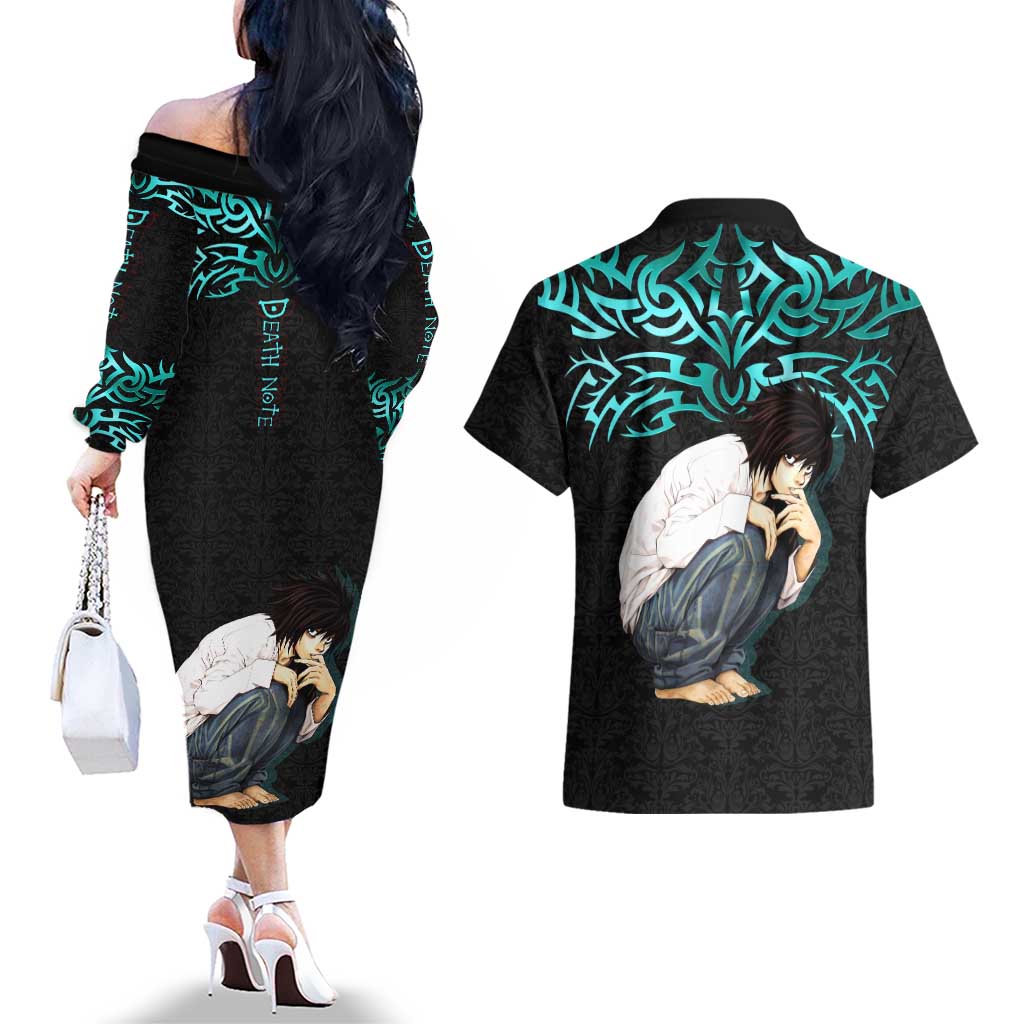 L Lawliet Death Note Couples Matching Off The Shoulder Long Sleeve Dress and Hawaiian Shirt Tribal Anime Fusion Style